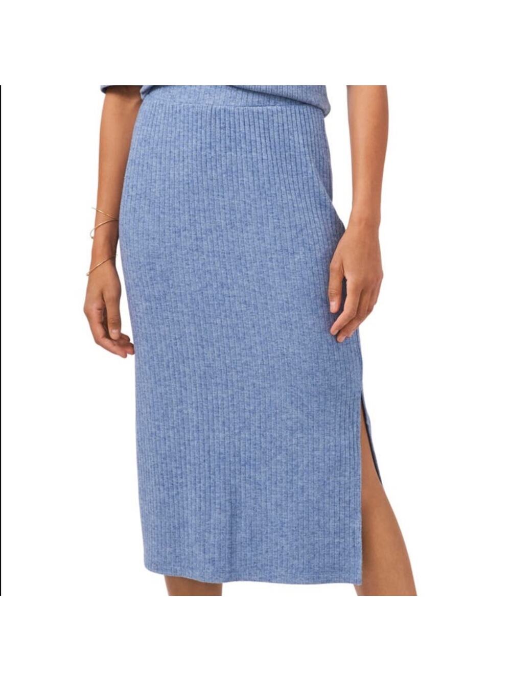 1. State Rib Knit Side Slit Midi Pencil Skirt - Blue Denim Heather Size M